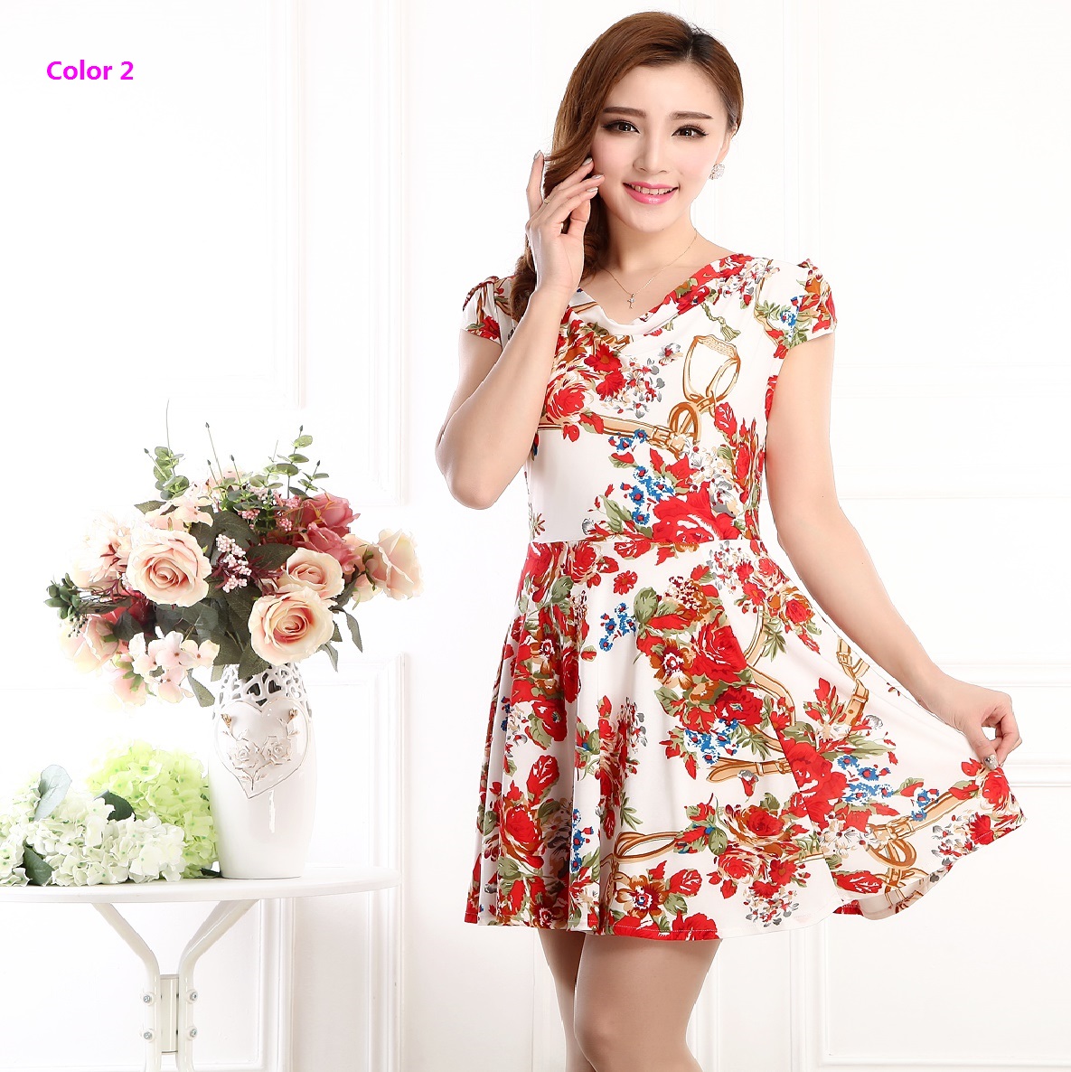 Summer Style Women Dress 2015 New Printed Casual Dress Vintage Slash 9534